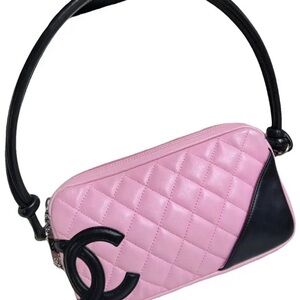 Authentic CHANEL Pink Quilted Crossbody Bag with Black Details